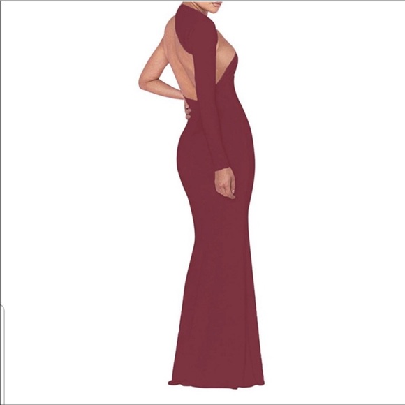 BURGUNDY  DARK RED ONE SHOULDER GOWN - Picture 3 of 4